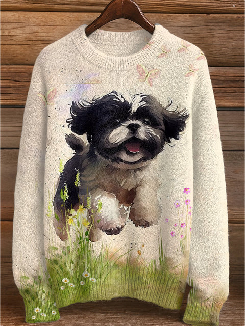 Women's Cute Dog Art Print Knitted Sweater