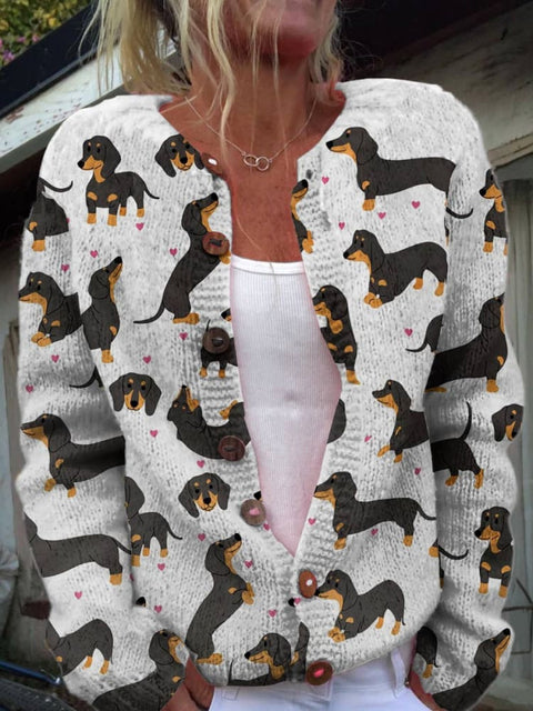 Dog Print Buttoned Cardigan Sweater