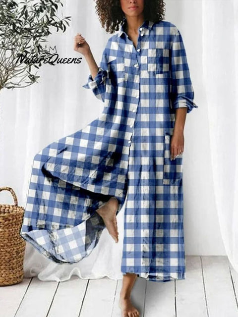 Women's Casual Lapel Long Sleeve Plaid Print Jumpsuit