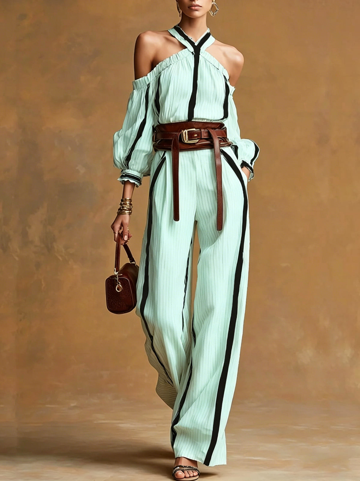 Bohemian Halter Top + Wide-leg Pants Set