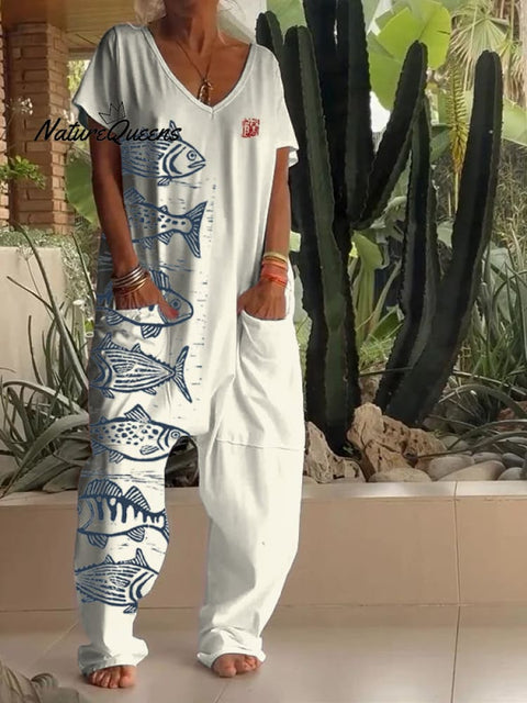 Fish Shape Japanese Linen Art Print V-neck Jumpsuit