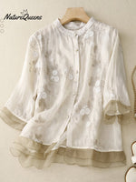 Art Retro Embroidery 3/4 Sleeve Patchwork Shirt Apricot / M