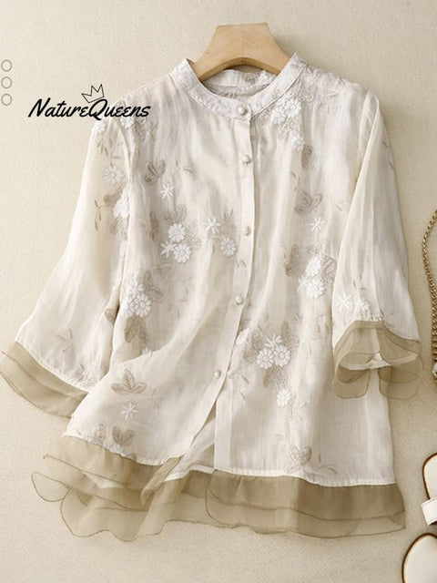 Art Retro Embroidery 3/4 Sleeve Patchwork Shirt Apricot / M