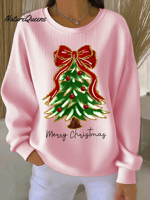 Women's Christmas Tree Print Knitted Crew Neck Long Sleeve Top