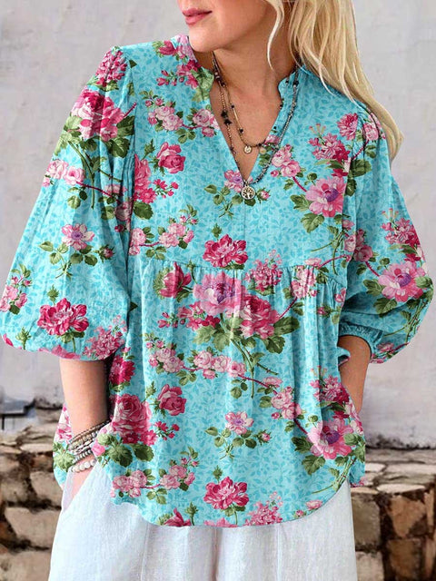 Women's Elegant Simple Rose Floral Pattern Linen Top