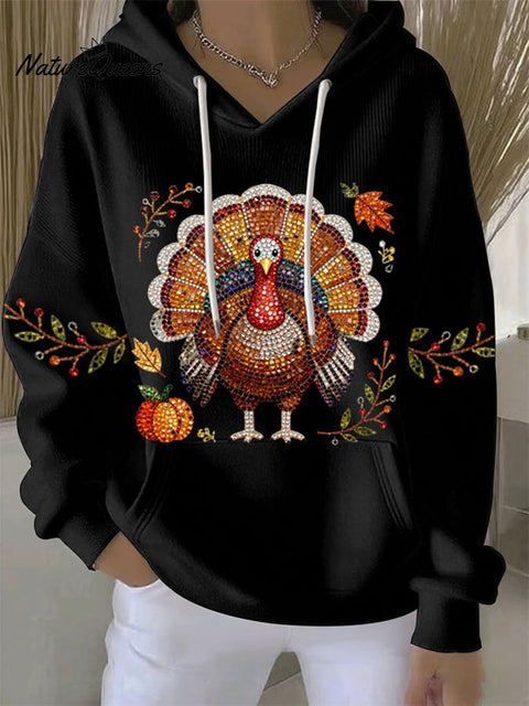 Women's Rhinestone Turkey With Pumpkin And Leaves Thanksgiving Print Casual Sweatshirt
