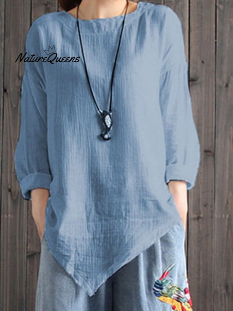 Ladies Cotton Linen Irregular Hem Shirt