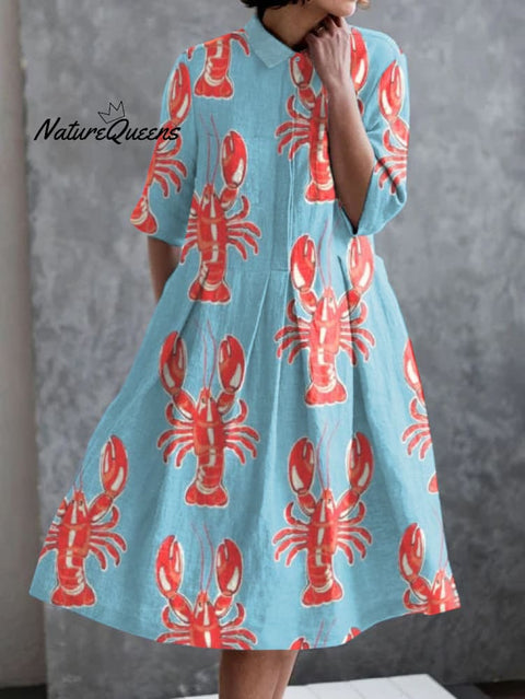 Holiday Abstract Lobster Print Casual Pocket Half Sleeve Dress