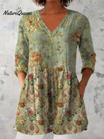 Elegant Boho Floral Print V-Neck Pattern Cotton Loose Long Sleeve Top