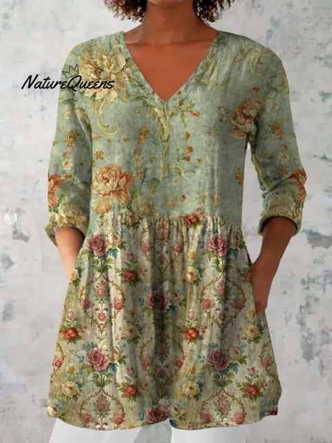 Elegant Boho Floral Print V-Neck Pattern Cotton Loose Long Sleeve Top