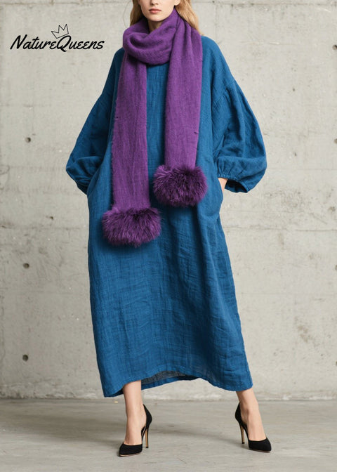 DIY Peacock Blue Oversized Cotton Holiday Dress Lantern Sleeve