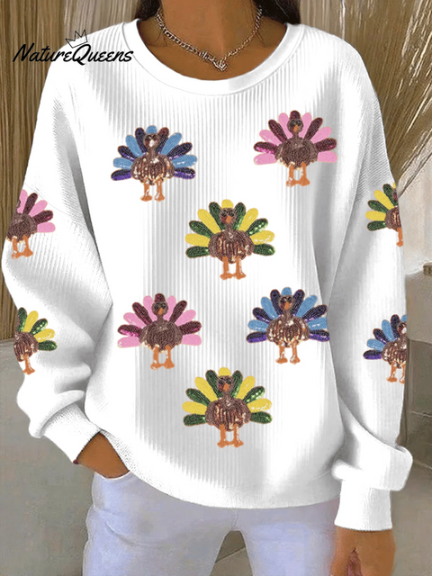 Women's Retro Thanksgiving Turkeys Art Print Round Neck Sweatshirt