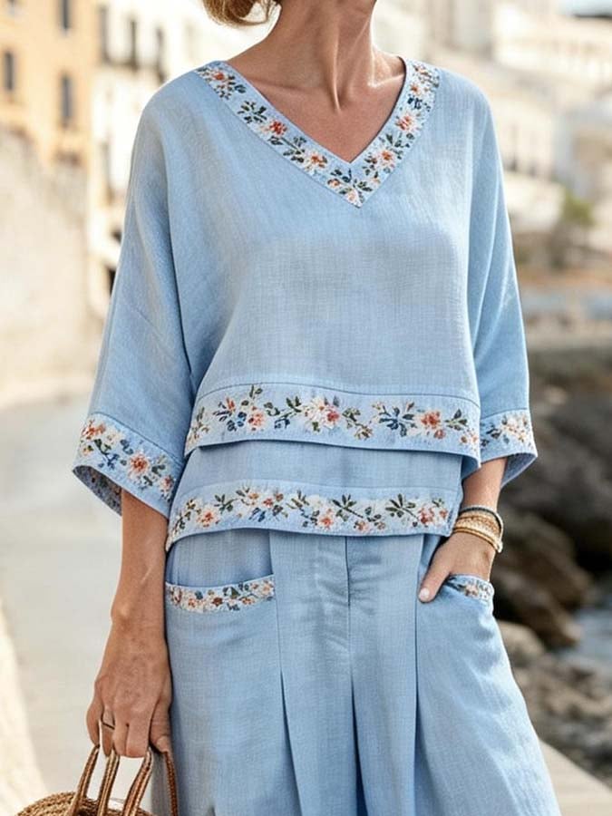 Women'S Casual V-Neck Printed Wide-Leg Pants Set