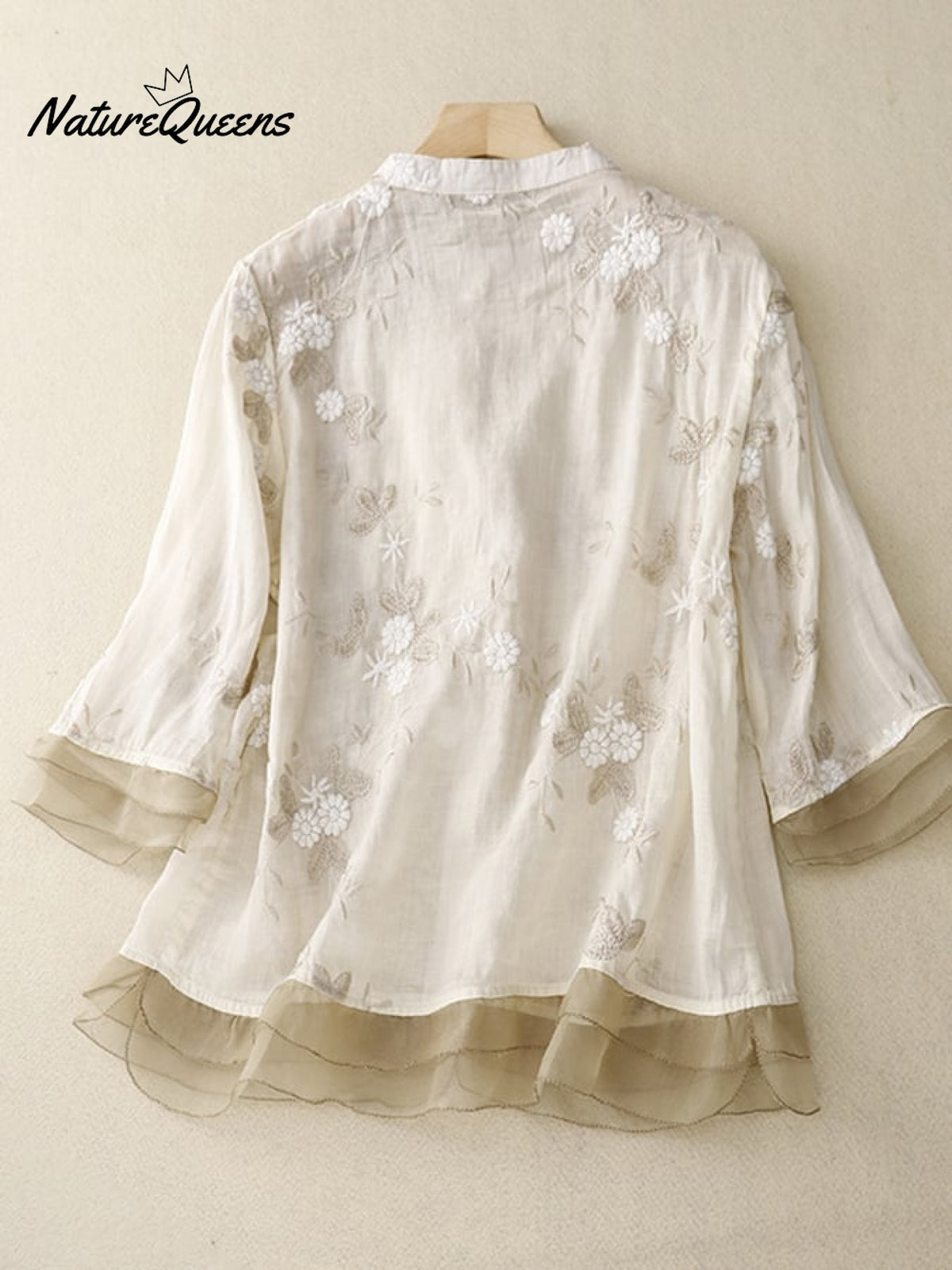 Art Retro Embroidery 3/4 Sleeve Patchwork Shirt