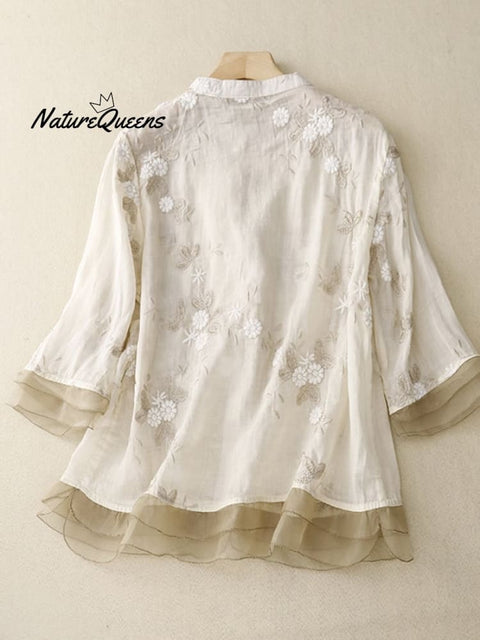 Art Retro Embroidery 3/4 Sleeve Patchwork Shirt