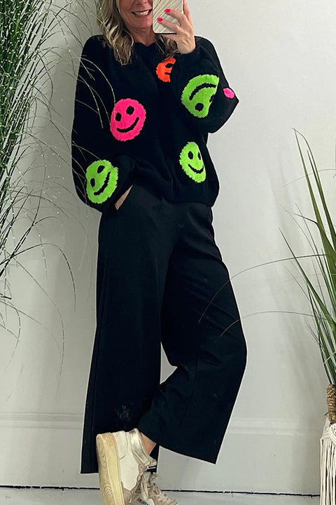 Smiley Face Knit Dropped Shoulders Loose Pullover Sweater