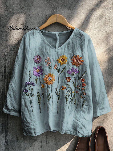 Boho Floral Embroidery Print Cotton And Linen Blend Loose Blouse