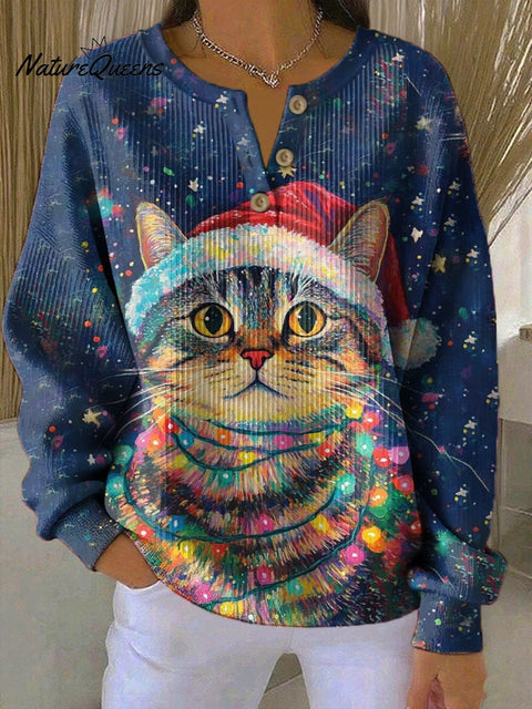 Women's Casual Snow Christmas Cat Knitted Button Sweatshirt