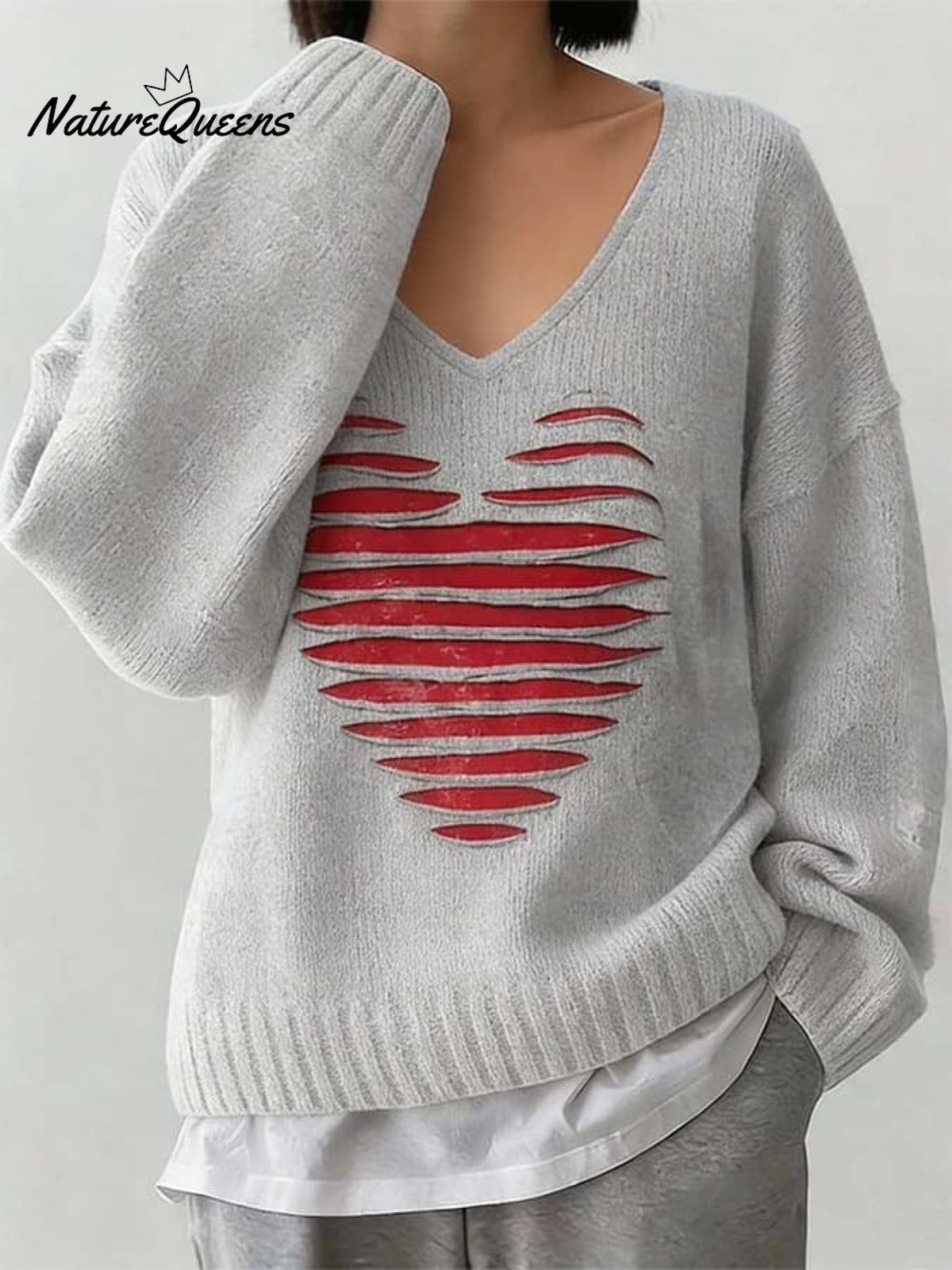 Women'S Casual Loose-Fitting V-Neck Heart-Patterned Sweater