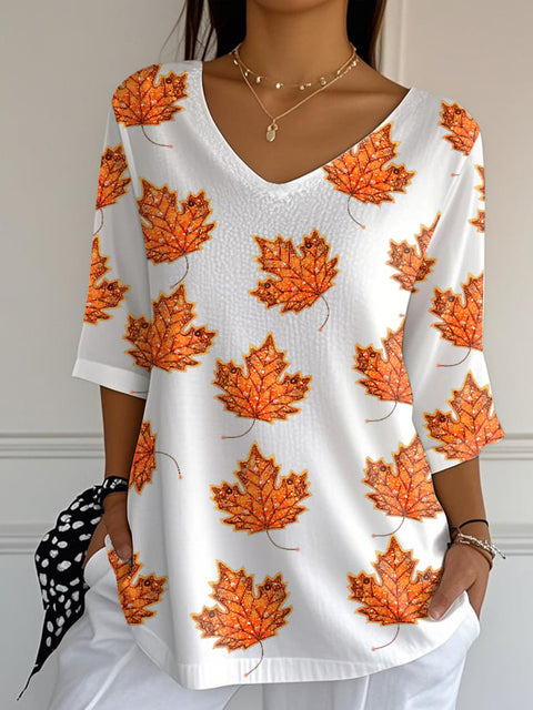 Women's Autumn Maple Leaf Print Jacquard Fabric Casual V-Neck Top