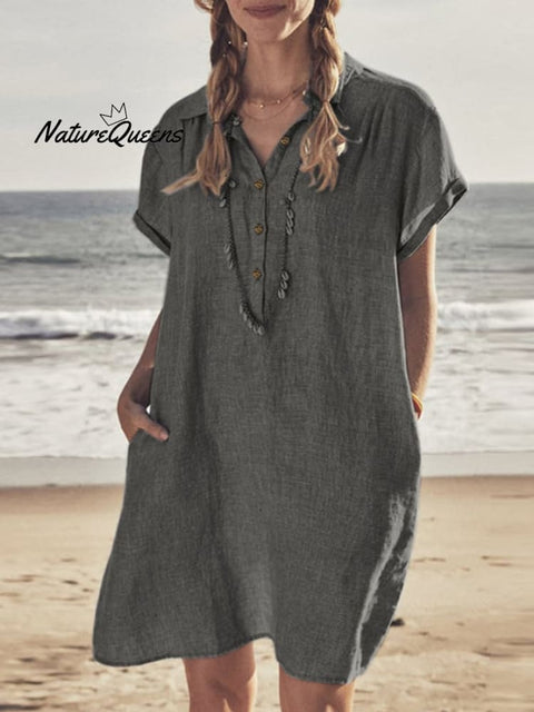 Cotton Linen Shirt Collar Casual Dress