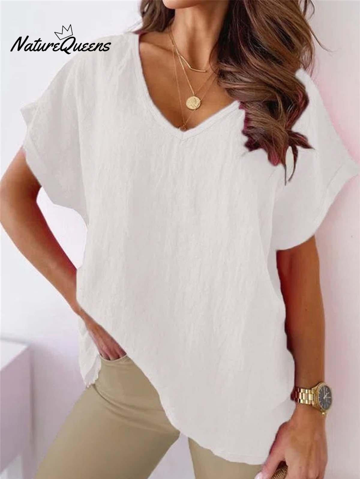 Solid V Neck Casual Top White / S