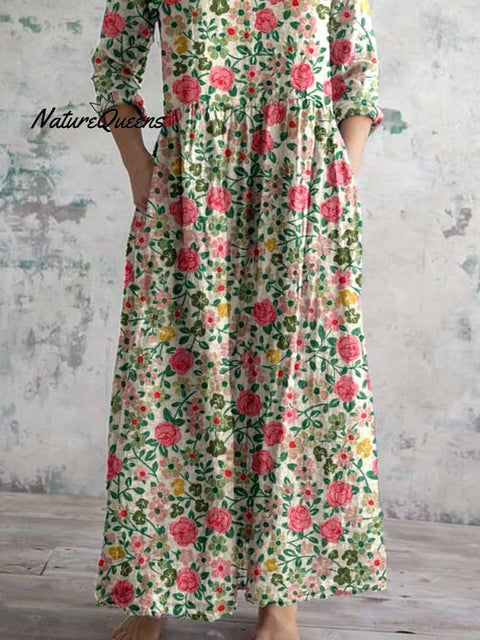 Women's Elegant Pastoral Rose Floral Cotton and Linen Dress with Pockets