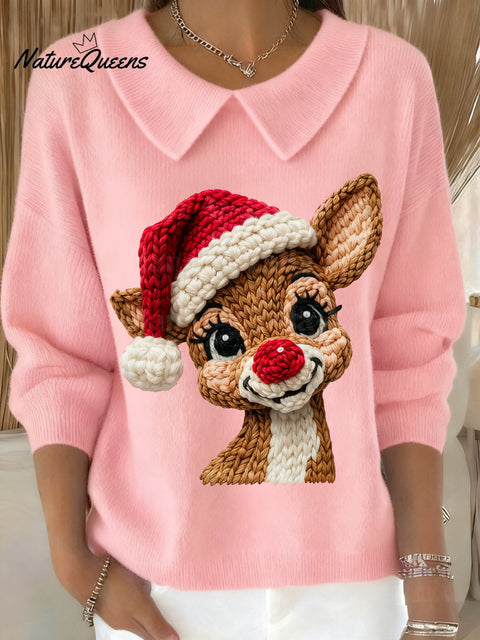 Women's Winter Christmas Cute Deer Print Lapel Top