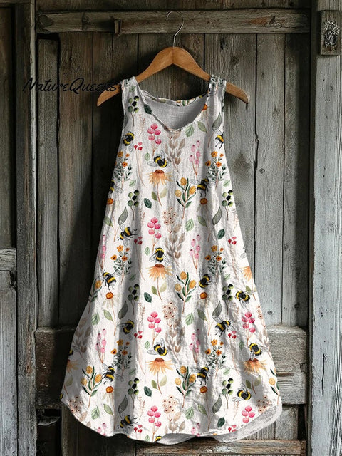 Cute Bumblebee Print Linen Tank Dress