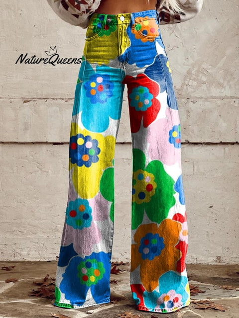 Women's Retro Colorful Floral Art Casual Wide Leg Pants