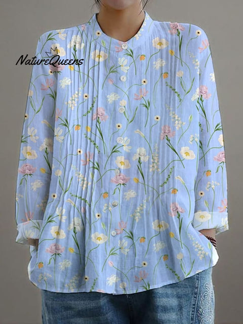 Women's Casual Loose Floral Cotton And Linen Shirt