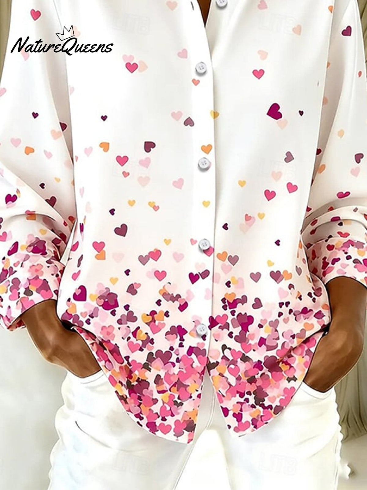 Women'S Casual Lapel Shirt With Heart Print