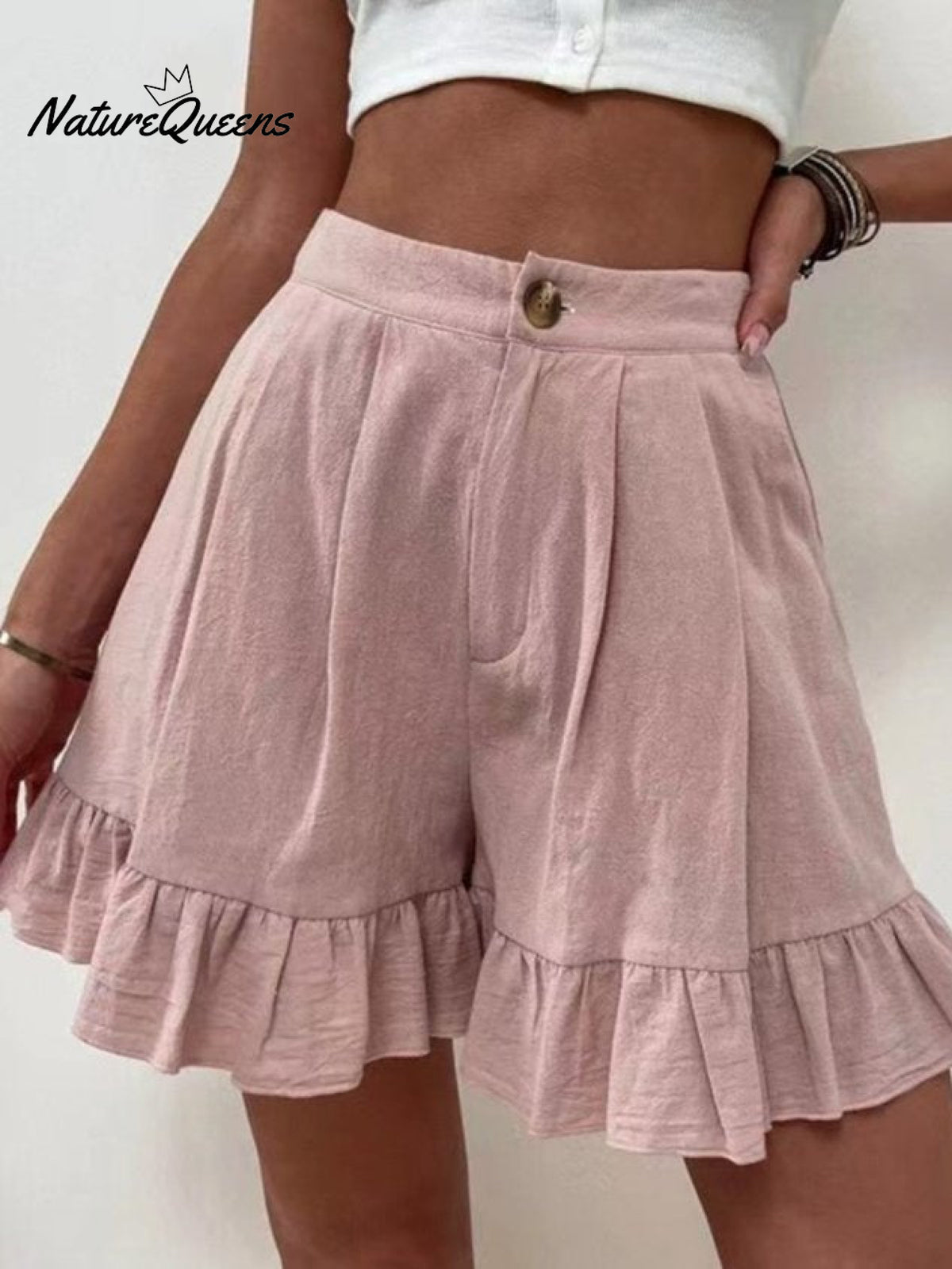 Women Summer Cotton Casual Plain Natural Ruffled Shorts Pink / S(4)