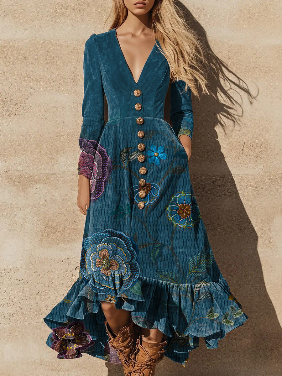 Women's Vintage Flowers Print Elegant Velvet Maxi Dress With Ruffled Hem