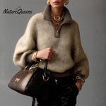 Women's Beige Fuzzy Knit Colorblock Half-Zip Lantern Sleeve Sweater