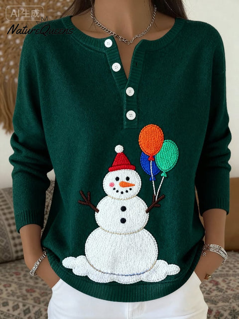 Women's Christmas Print Knit Button Top