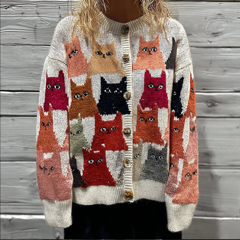 Women's Cat-themed Embroidered Cardigan Sweater