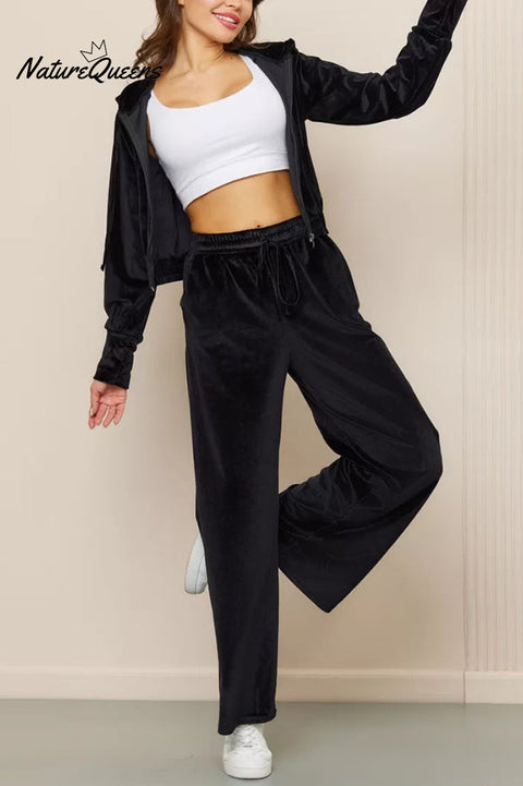 Solid Color Velvet Hooded Zip-up Sweatshirt and Elastic Waist Casual Pocket Straight-leg Pants Set