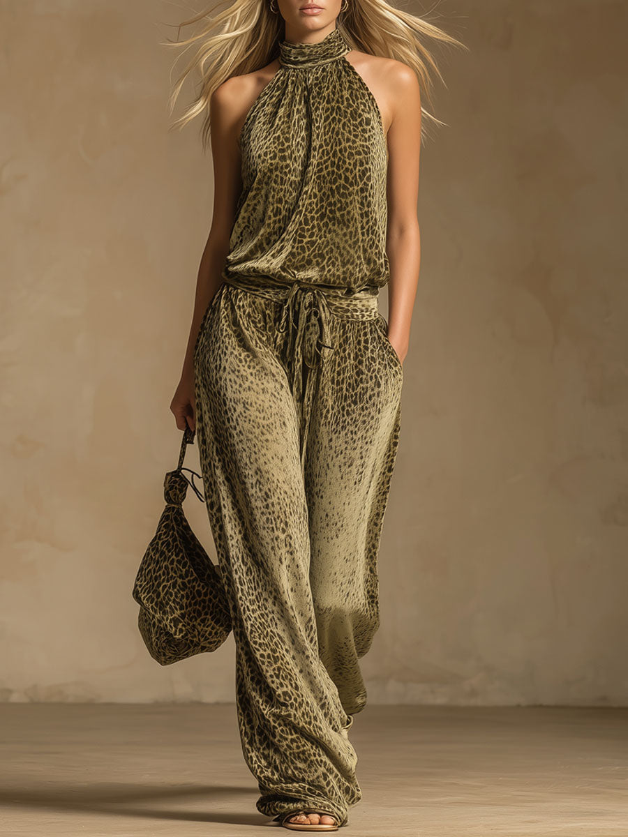 Leopard Print Sleeveless Top And Velvet Trousers Set