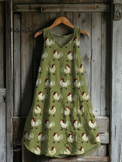 Roosters Embroidery Pattern Linen Tank Dress