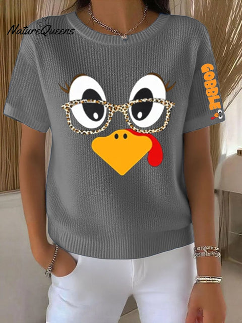 Women's Retro Thanksgiving Turkey Print Round Neck T-Shirt