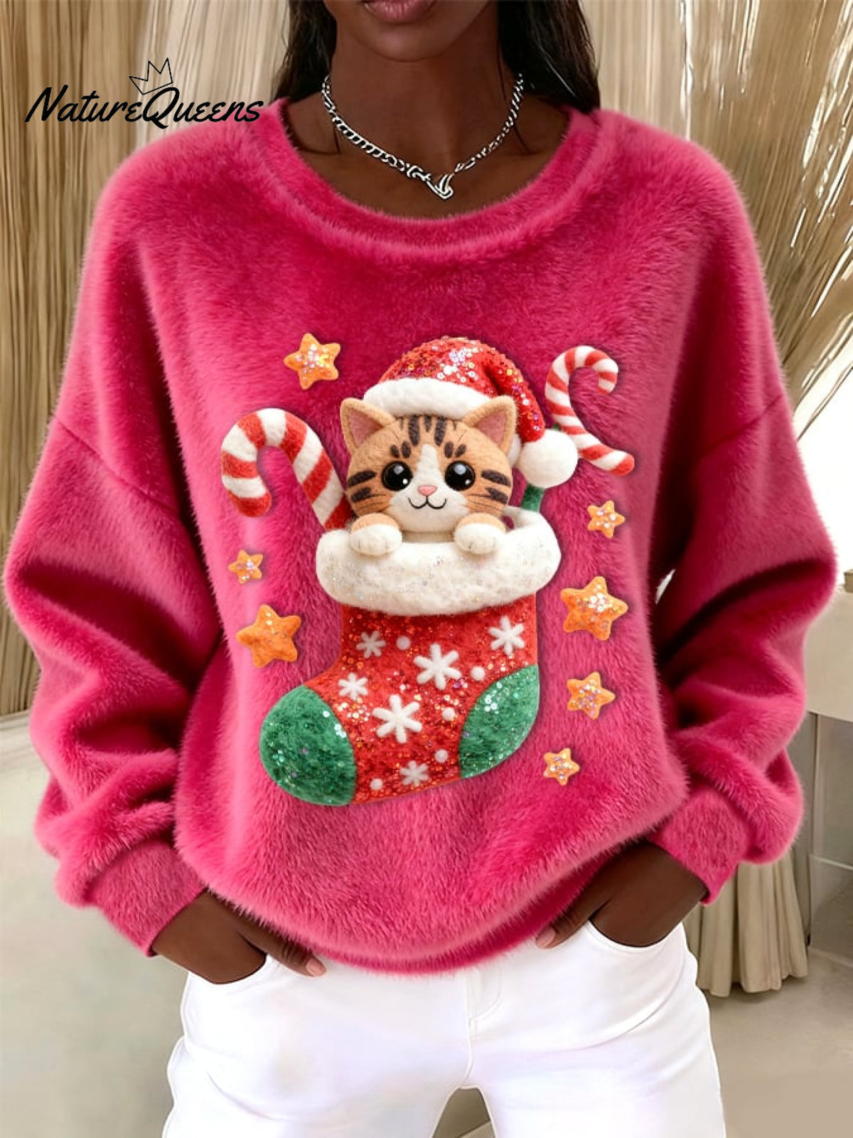 Women's Vintage Christmas Cute Cat Print Sweater