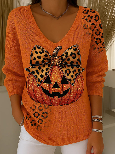 Women's Halloween Pumpkin Art Print Casual Knit Top
