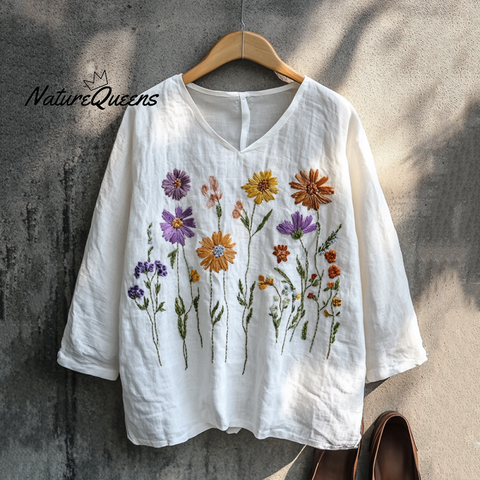 Boho Floral Embroidery Print Cotton And Linen Blend Loose Blouse