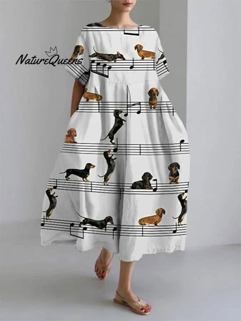 Women's Cute Dachshund Short Sleeve Linen Blend Midi Dress