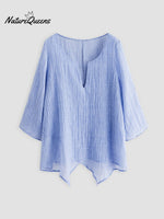 Jfn Cotton & Linen Asymmetric Hem Loose Fit Long Sleeve Shirts Tunic Top Blue / S(4)