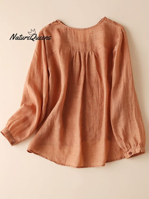 Cotton And Linen  Loose V-neck Embroidered Long Sleeve Shirt