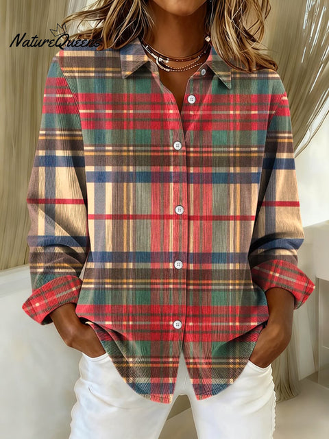 Women's Retro Christmas Plaid Art Print Shirt