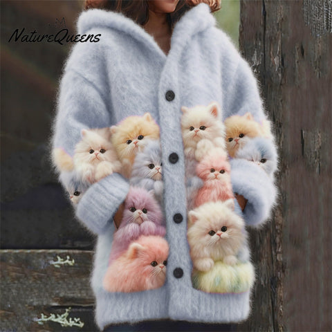 Lovely Fuzzy Colorful Cats Cozy Hooded Cardigan