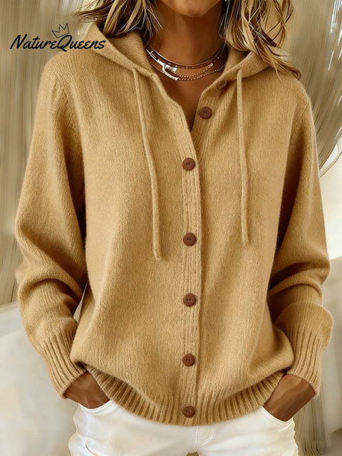 Women's Casual Retro Solid Color Knitted Hooded Cardigan